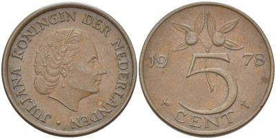 НИДЕРЛАНДЫ 5 ЦЕНТОВ 1978 ЮЛИАНА KM 181 бронза 214-246