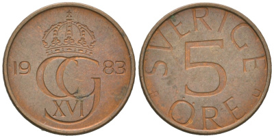 Швеция 5 эре 1983 Карл XVI Густав (1973-) KM 849 бронза 4618-116