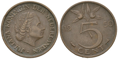 Нидерланды 5 центов 1950 Юлиана (1948-1980) KM 181 бронза 4621-448