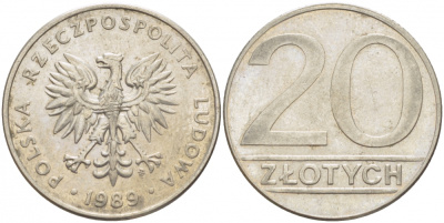 ПОЛЬША 20 ЗЛОТЫХ 1989 MW KM 153.2 медно-никель 213-847