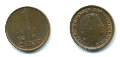 НИДЕРЛАНДЫ 1 ЦЕНТ 1967 ЮЛИАНА KM 180 бронза 54-1124