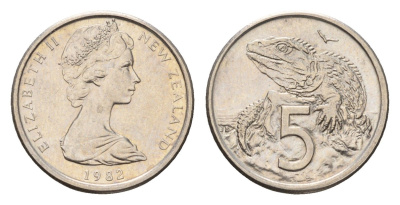 Новая Зеландия 5 центов 1982 Елизавета II (1952-2022), ящерица гаттерия KM 34 медно-никель UNC 4655-257