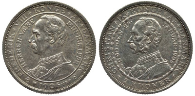 Дания 2 кроны 1906 VBP; GJ, на смерть Кристиана IX и восшествию на престол Фредерика VIII KM 803 серебро    1522-633