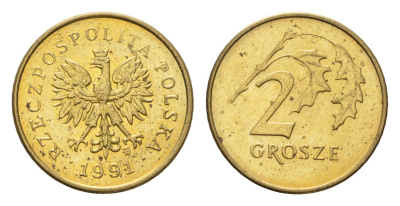 Польша 2 гроша 1991 Y 277 марганец латунь UNC 4674-938