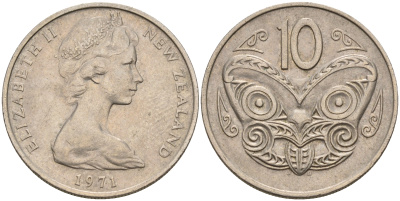Новая Зеландия 10 центов 1971 Елизавета II (1952-2022), маска маори KM 41.1 медно-никель    4603-246