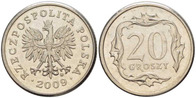 ПОЛЬША 20 ГРОШЕЙ 2009 MW KM 280 медно-никель 201-525