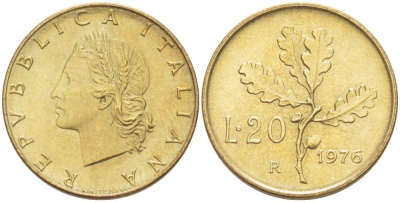 ИТАЛИЯ 20 ЛИР 1976 R, ДУБОВЫЙ ЛИСТ KM 97.2 алюминиевая бронза 4523-645