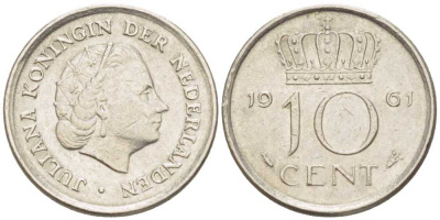 НИДЕРЛАНДЫ 10 ЦЕНТОВ 1961 ЮЛИАНА (1948-1980) KM 182 никель 214-1158