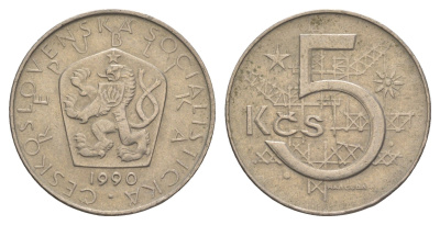 Чехословакия 5 крон 1990 редкий год KM 60 медно-никель 4548-1221