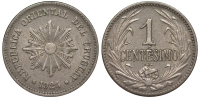 Уругвай 1 сентесимо 1924 KM 19 медно-никель 4169-642