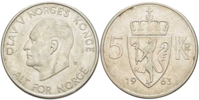 Норвегия 5 крон 1963 Улаф V (1958-1991) KM 412 медно-никель 38-342