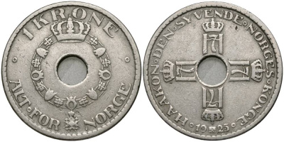 Норвегия 1 крона 1925 Хокон VII (1905-1957) KM 385 медно-никель 27-254