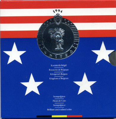 Бельгия набор из 10 монет + жетон монетного двора 1994 Belgie-Belgique, Чемпионат мира по футболу в США 1994 года, с подписями сборной Бельгии и фотографиями игроков, в оригинальном буклете, в запайке  KM MS 6   BUNC  6-5-3-46