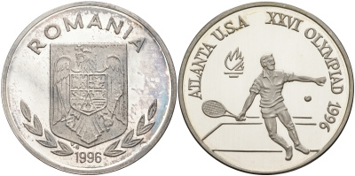 Румыния 100 леев 1996 XXVI Олимпийские игры 1996 года в Атланте, 100 лет Олимпийскому движению, большой теннис, пробный выпуск, пифорт KM PnB 315.D1 серебро  PROOF 00-00