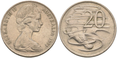 Австралия 20 центов 1971 Елизавета II (1952-2022), утконос KM 66 медно-никель 4572-625