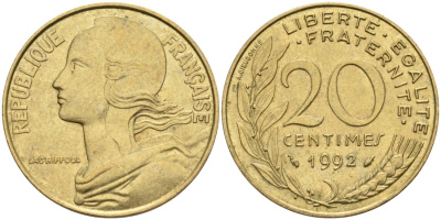 ФРАНЦИЯ 20 САНТИМОВ 1992 ТИП MARIANNE KM 930, LE FRANC 156.33 медь алюминий никель 4573-1054