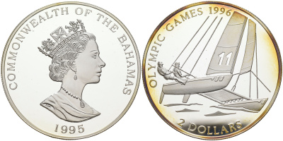 Багамские острова 2 доллара 1995 XXVI Олимпийские игры в Атланте, регата на катамаранах KM 183.2 серебро PROOF 02-078-41