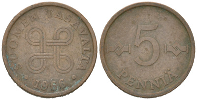 Финляндия 5 пенни 1966 KM 45 медь 4618-221