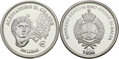 Мальта 500 лир 1999 Александр Великий, еврозона KM Х302 серебро  PROOF  11-224-23