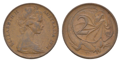 Австралия 2 цента 1974 Елизавета II (1952-2022), плащеносная ящерица KM 63 бронза 4655-839