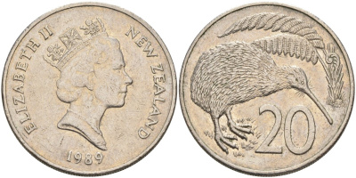 Новая Зеландия 20 центов 1989 Елизавета II (1952-2022), птичка киви KM 62 медно-никель 4131-1212