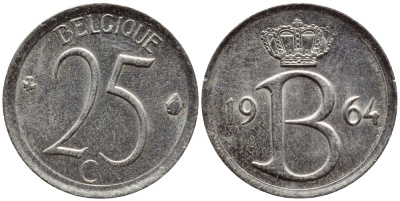 Бельгия 25 сантимов 1964 Belgique, Бодуэн I (1951-1993) KM 153.1 медно-никель 4392-857