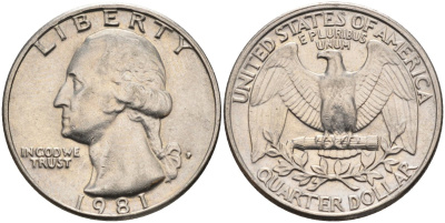 США 25 центов = квотер 1981 P, Вашингтон KM A164a медь плакированная медно-никелем 4584-1127