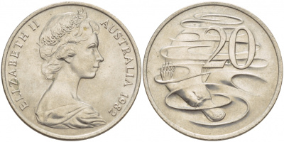 АВСТРАЛИЯ 20 ЦЕНТОВ 1982 ЕЛИЗАВЕТА II, МОЛОДОЙ ПОРТРЕТ, УТКОНОС KM 66 медно-никель UNC 111-124