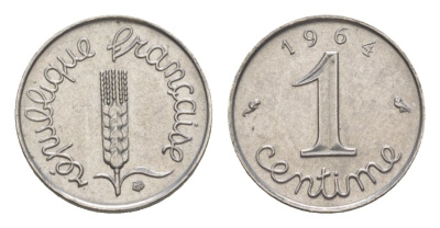 Франция 1 сантим 1964 пятая республика KM 928, Le Franc 106.8 нержавеющая сталь UNC 4630-314