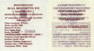Ватикан 10 евро 2011 Бенедикт XVI, 60 лет рукоположения, в оригинальной коробке, с сертификатом KM 428 серебро  PROOF  7-1-32