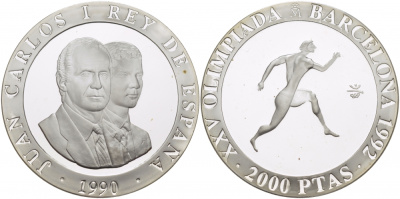 Испания 2000 песет 1990 XXV летние Олимпийские игры 1992 года в Барселоне, бег KM 864 серебро PROOF 04-174-31
