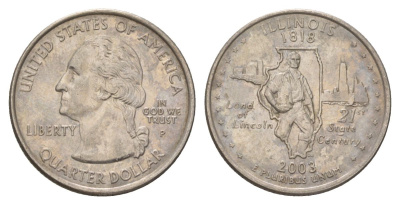 США 25 центов (квотер, 1/4 доллара) 2003 P, Квотер штата Иллинойс KM 343 медь плакированный медно-никелем UNC 4628-1233
