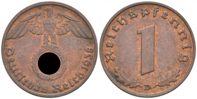 ГЕРМАНИЯ 1 РЕЙХСПФЕННИГ 1938 D J 361, KM 89 бронза aUNC 73-267