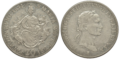 Венгрия 20 крейцеров 1834 В, Фердинанд I (1835-1848), мадонна с младенцем KM 415.3 серебро 413-3712