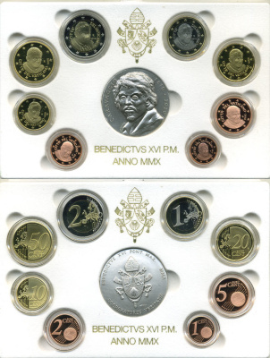 Ватикан евронабор из 8 монет + серебряная медаль 2010 Бенедикт XVI, в оригинальной коробке, с сертификатом KM PS 23 биметалл PROOF 5-4-6-02