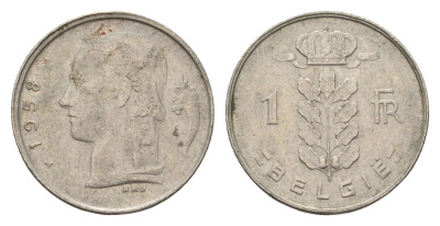 Бельгия 1 франк 1958 Belgie, Бодуэн I (1951-1993) KM 143 медно-никель 4674-421