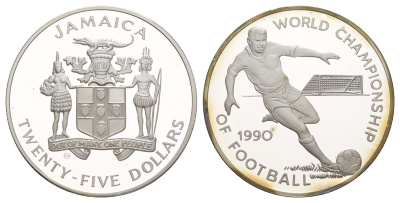 Ямайка 25 долларов 1990 Чемпионат мира по футболу 1990, Италия KM 142 серебро PROOF 1083-2-43