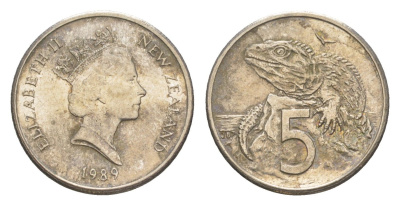 Новая Зеландия 5 центов 1989 Елизавета II (1952-2022), ящерица гаттерия KM 60 медно-никель 4651-223