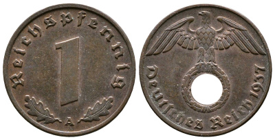 Германия 1 рейхспфенниг 1937 A KM 89, J. 361 бронза    220-232