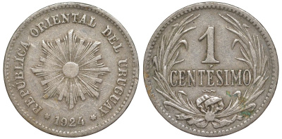 Уругвай 1 сентесимо 1924 KM 19 медно-никель 4594-163
