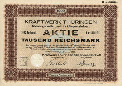 Германия 1000 рейхсмарок 1929 АО Электростанция Тюрингии, акция бумага 8801-102-1