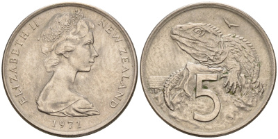Новая Зеландия 5 центов 1971 Елизавета II (1952-2022), ящерица гаттерия KM 34.1 медно-никель 4602-652