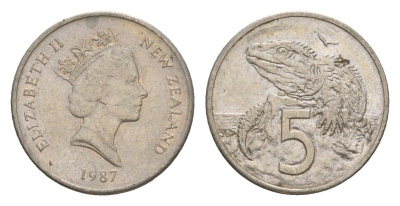 Новая Зеландия 5 центов 1987 Елизавета II (1952-2022), ящерица гаттерия KM 60 медно-никель 4178-366