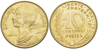 ФРАНЦИЯ 10 САНТИМОВ 1974 ТИП MARIANNE KM 929, LE FRANC 144.14 алюминиевая бронза 66-559