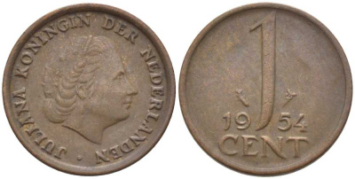 Нидерланды 1 цент 1954 Юлиана (1949-1980) KM 180 бронза 206-362