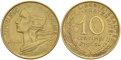 Франция 10 сантимов 1963 ТИП MARIANNE KM 929, le Frank 144.3 медь алюминий никель 100-839