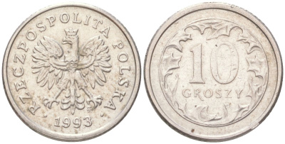 Польша 10 грошей 1993 Y 279 медно-никель UNC 4614-316