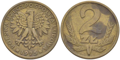 ПОЛЬША 2 ЗЛОТЫХ 1975 ЛЕНИНГРАДСКИЙ МОНДВОР KM 80.1, Parchimowicz 217a латунь 4514-526