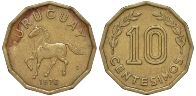 Уругвай 10 сентесимо 1976 KM 66 алюминиевая бронза 4164-719