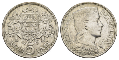 Латвия 5 латов 1929 девушка KM 9 серебро 443-924